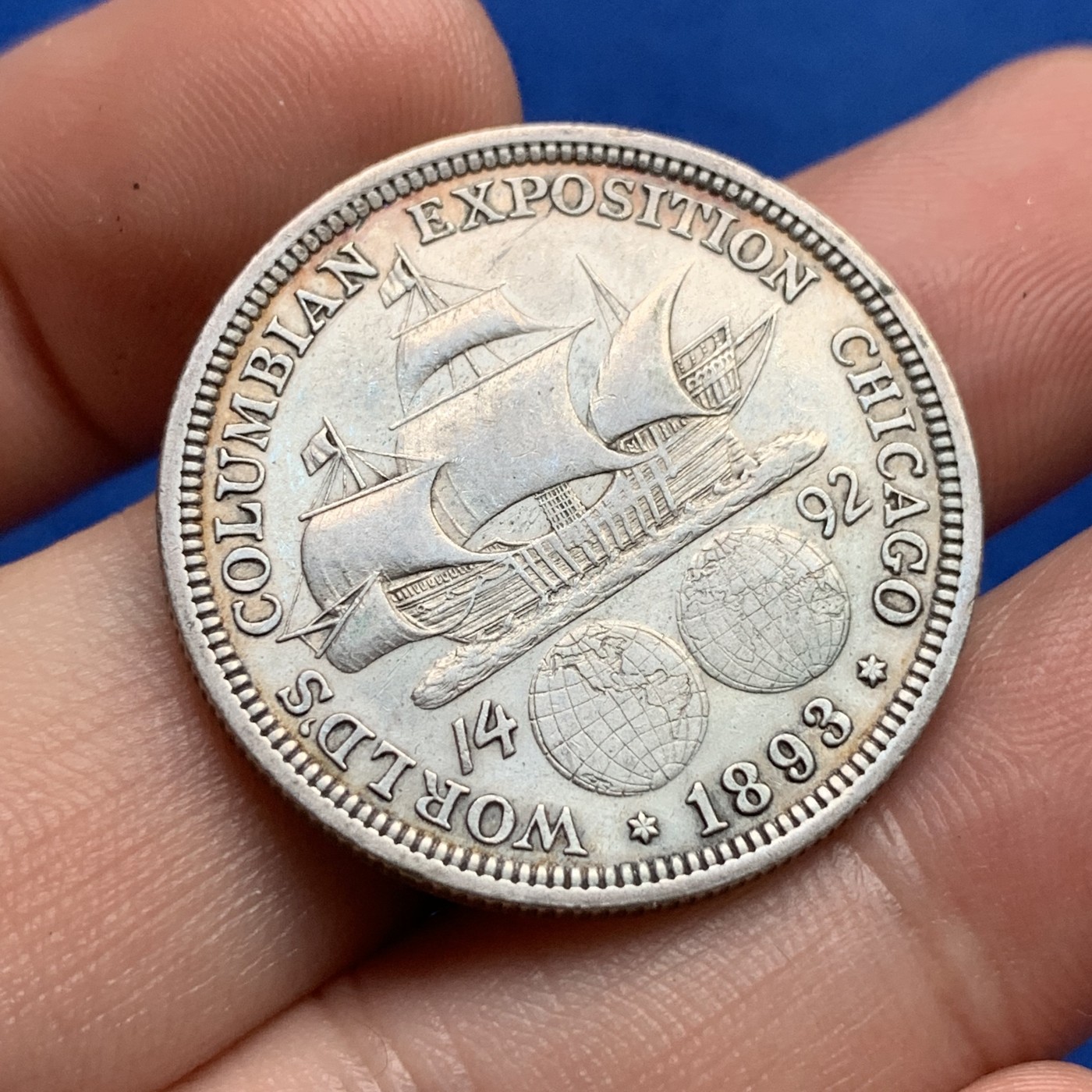 《竞宝斋》第190场-周日，周一 2场 (全场包邮) 美国1893年哥伦布博览会纪念半圆银币 第一枚纪念币 摩根巴伯名家设计图案清晰漂亮