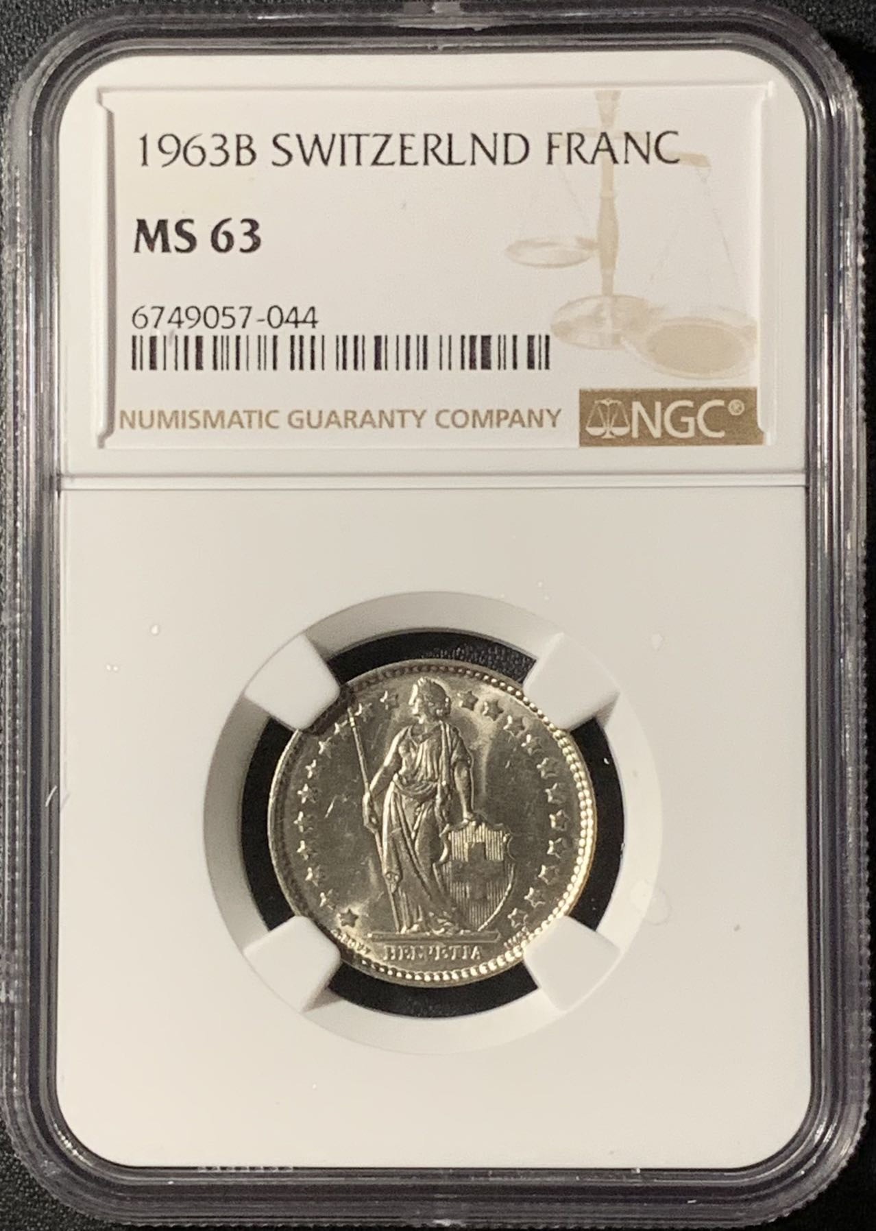 紫瑗钱币——第296期拍卖 瑞士 1963年 赫尔维蒂亚 1法郎 银币 NGC MS63