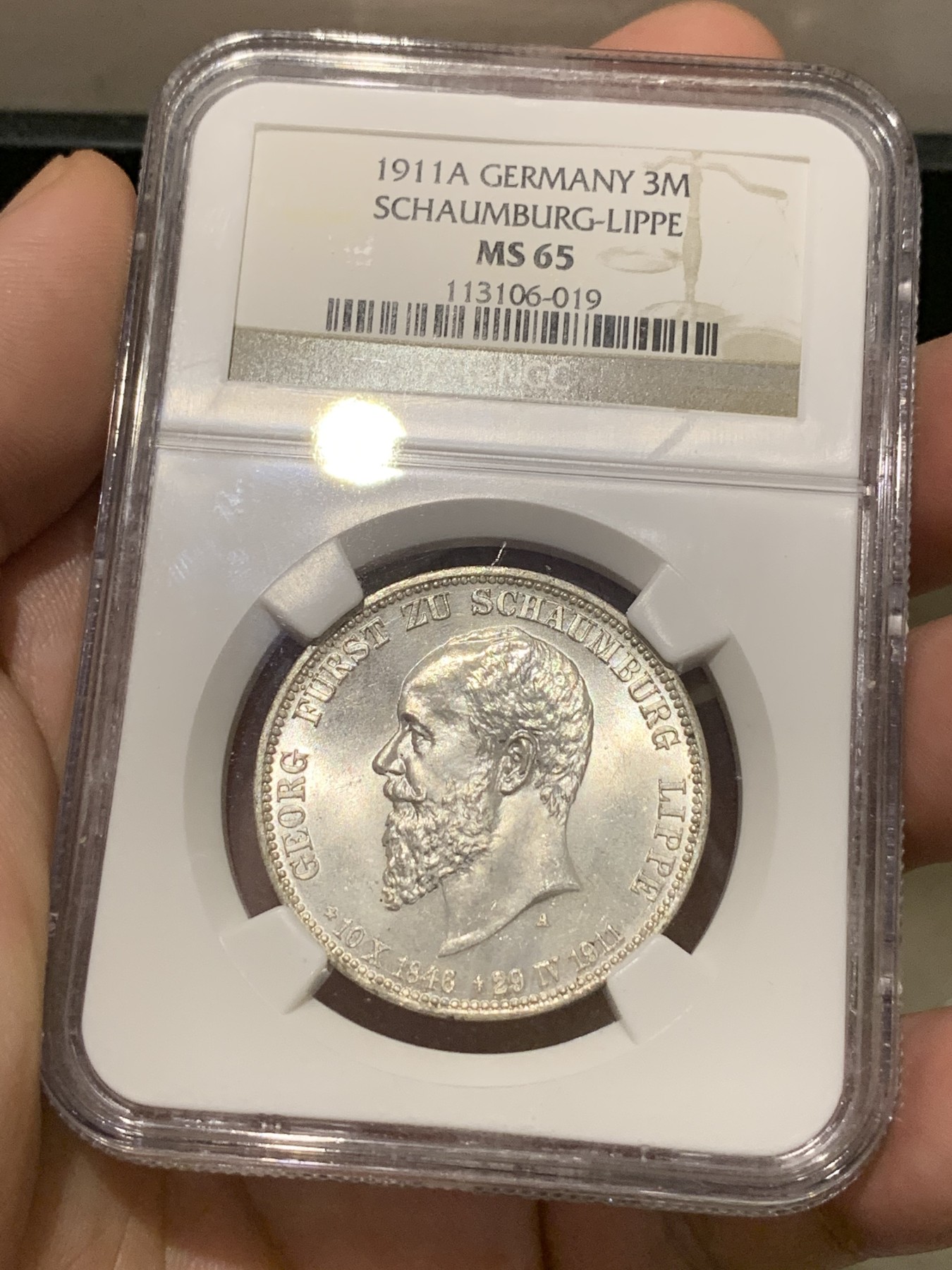 《竞宝斋》第190场-周日，周一 2场 (全场包邮) NGC MS65 德国1911年绍姆堡利普纪念3马克银币 难得高分