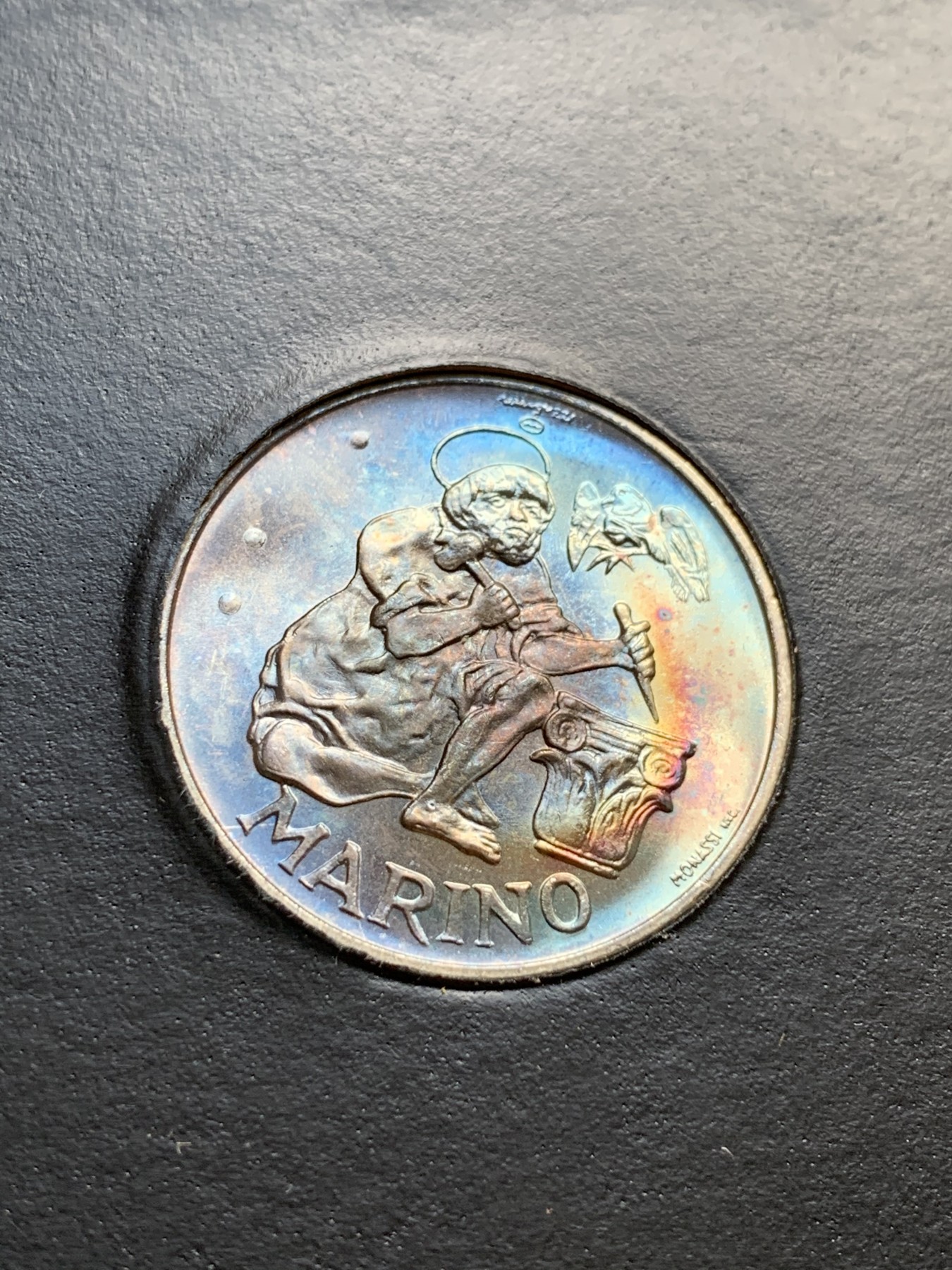 《竞宝斋》第190场-周日，周一 2场 (全场包邮) 卡装 圣马力诺1975年500里拉银币 包浆五彩美品