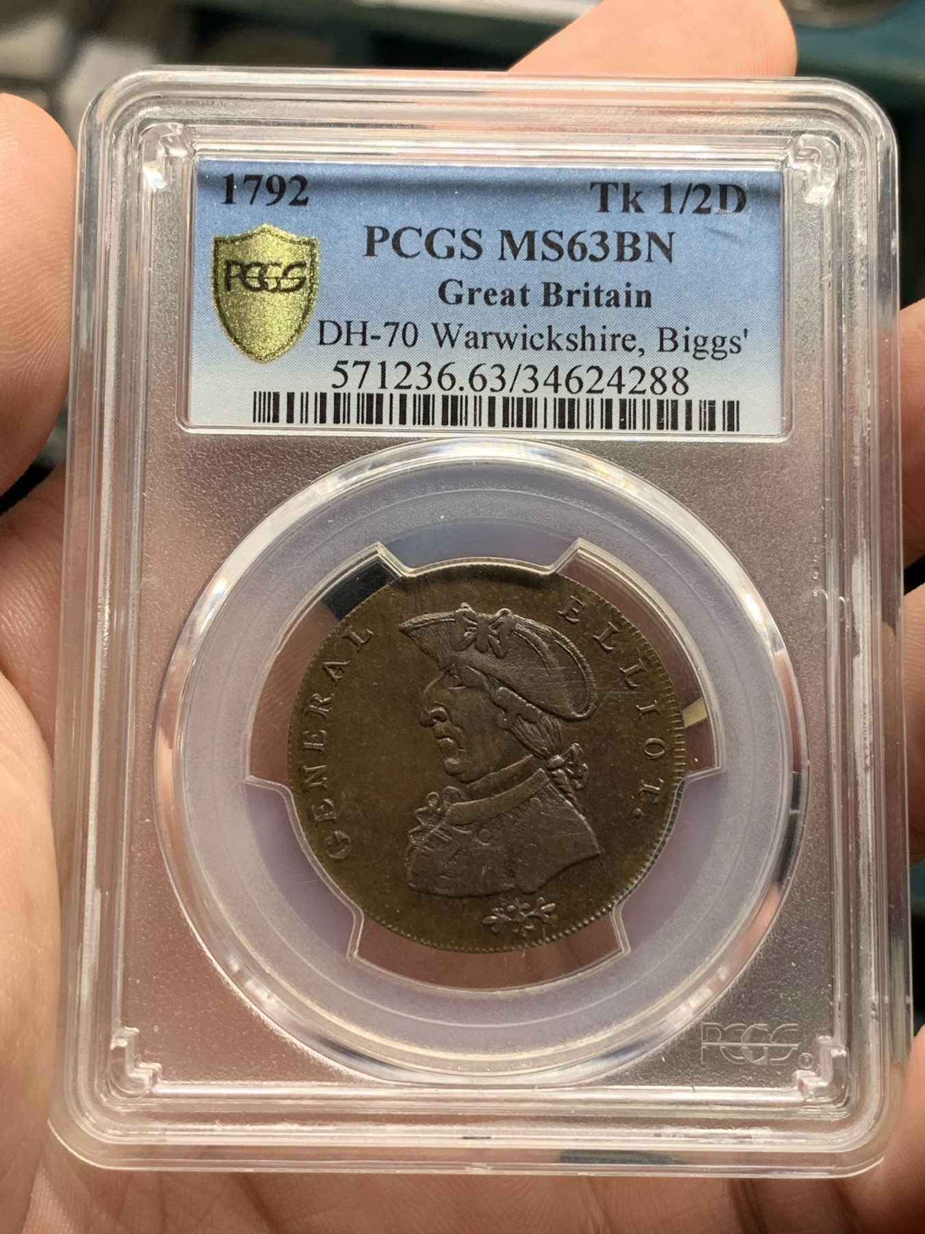 《竞宝斋》第190场-周日，周一 2场 (全场包邮) PCGS MS63BN 英国1792年伯明翰1/2便士代用铜币 冠军分！