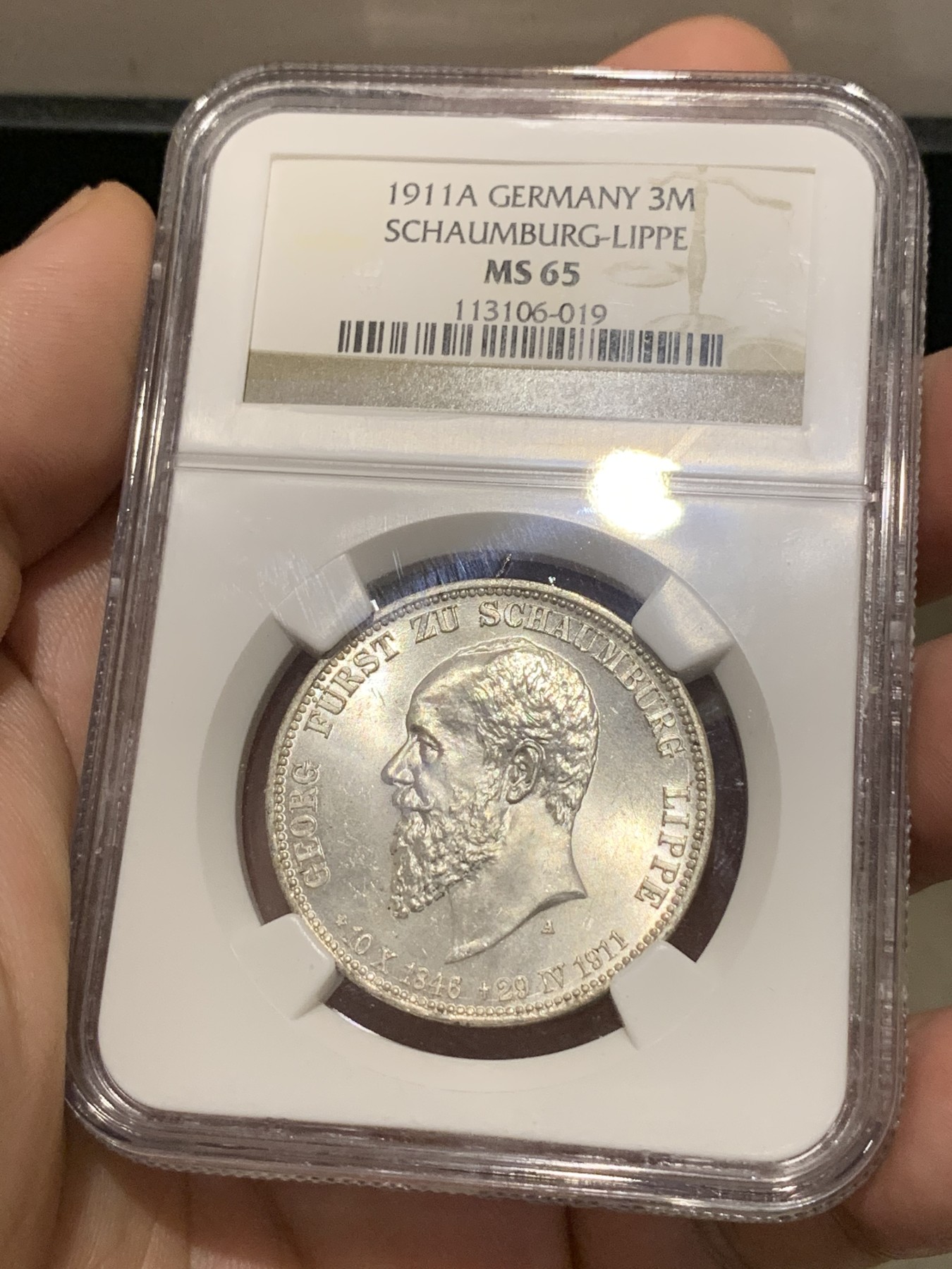 《竞宝斋》第190场-周日，周一 2场 (全场包邮) NGC MS65 德国1911年绍姆堡利普纪念3马克银币 难得高分