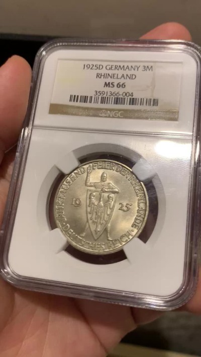 《竞宝斋》第190场-周日，周一 2场 (全场包邮) NGC-MS66 德国魏玛时期 1925 莱茵兰千年 纪念 3马克银币 原味包浆，少见的品种，高分不容易