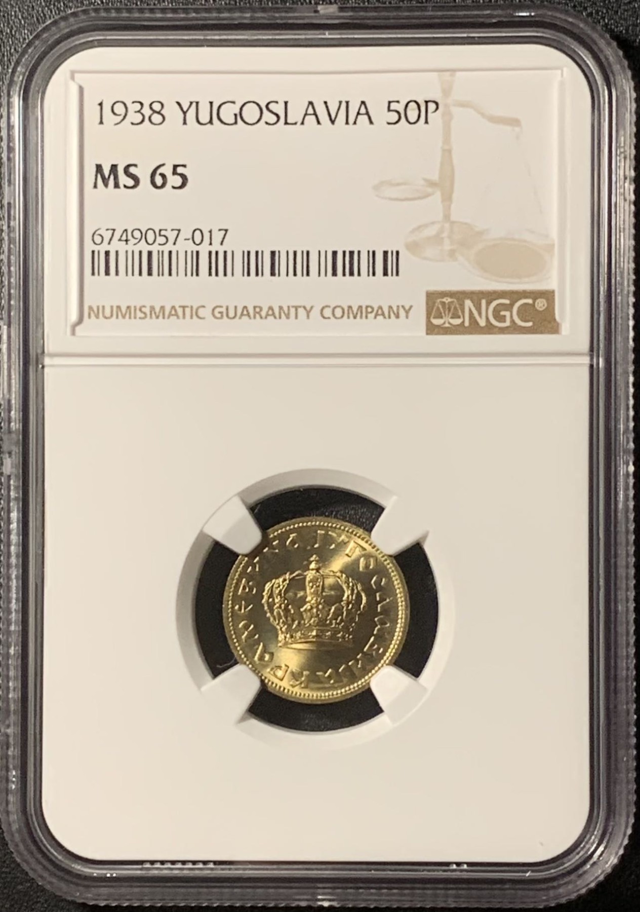 紫瑗钱币——第296期拍卖 南斯拉夫 1938年 王国时期 皇冠 50帕拉 铜币 NGC MS65