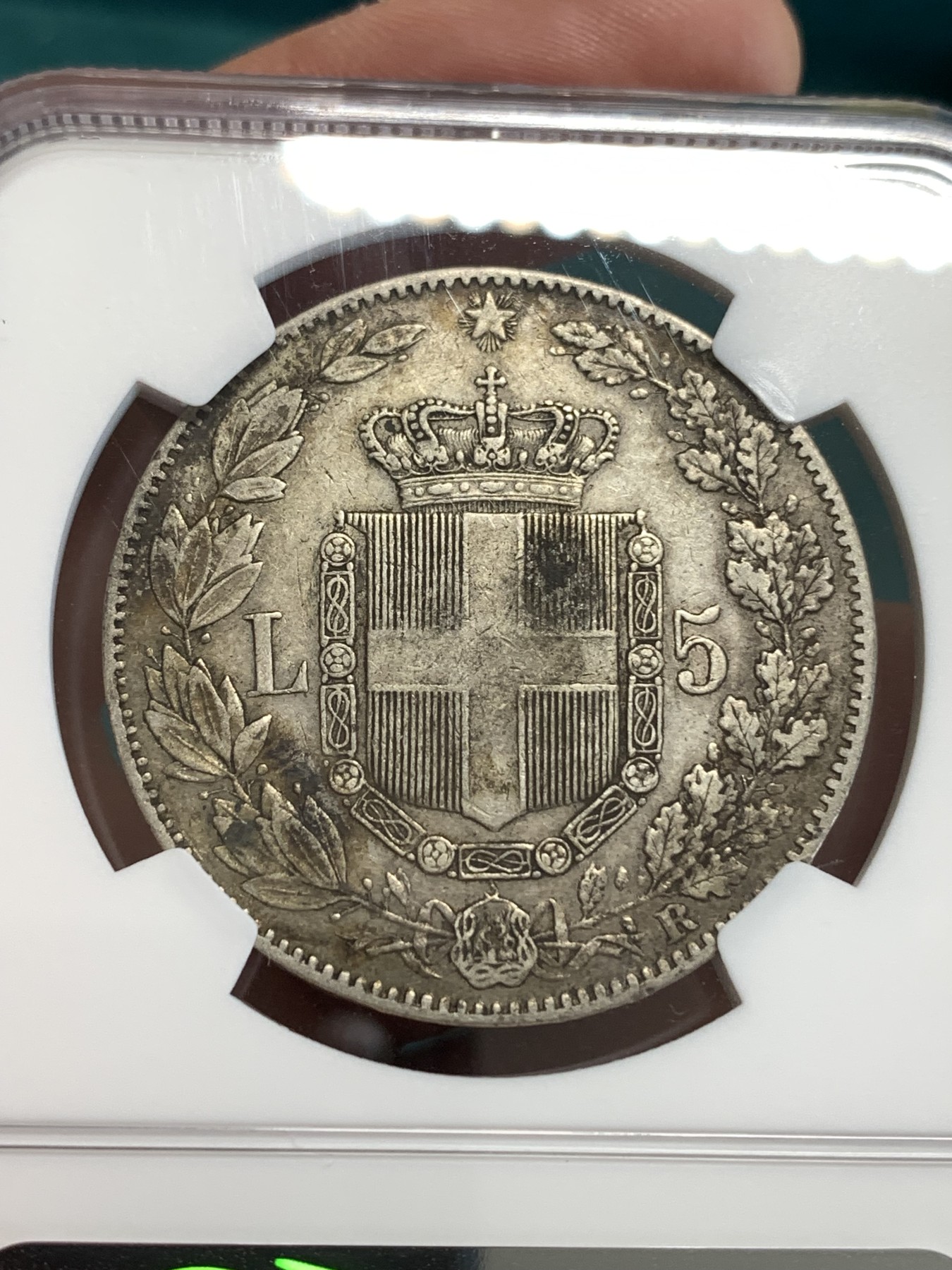 《竞宝斋》第190场-周日，周一 2场 (全场包邮) NGC-XF45 意大利1879翁贝托一世5里拉银币，状态好