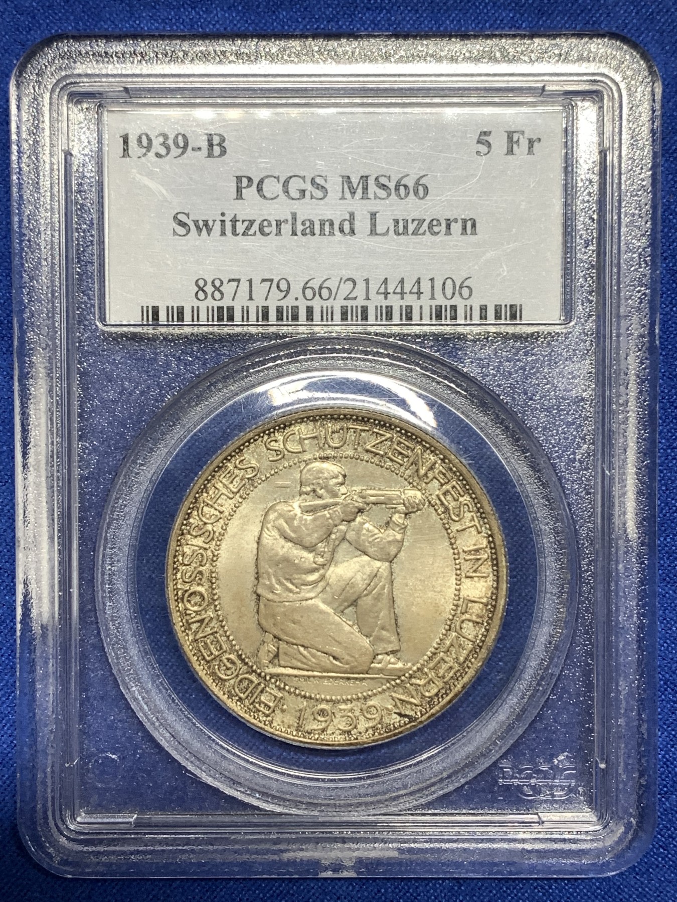 《竞宝斋》第190场-周日，周一 2场 (全场包邮) PCGS-MS66  瑞士1939 射击节银币  5法郎  老盒 发行4万 亚军分 收藏品相 一枚毕业