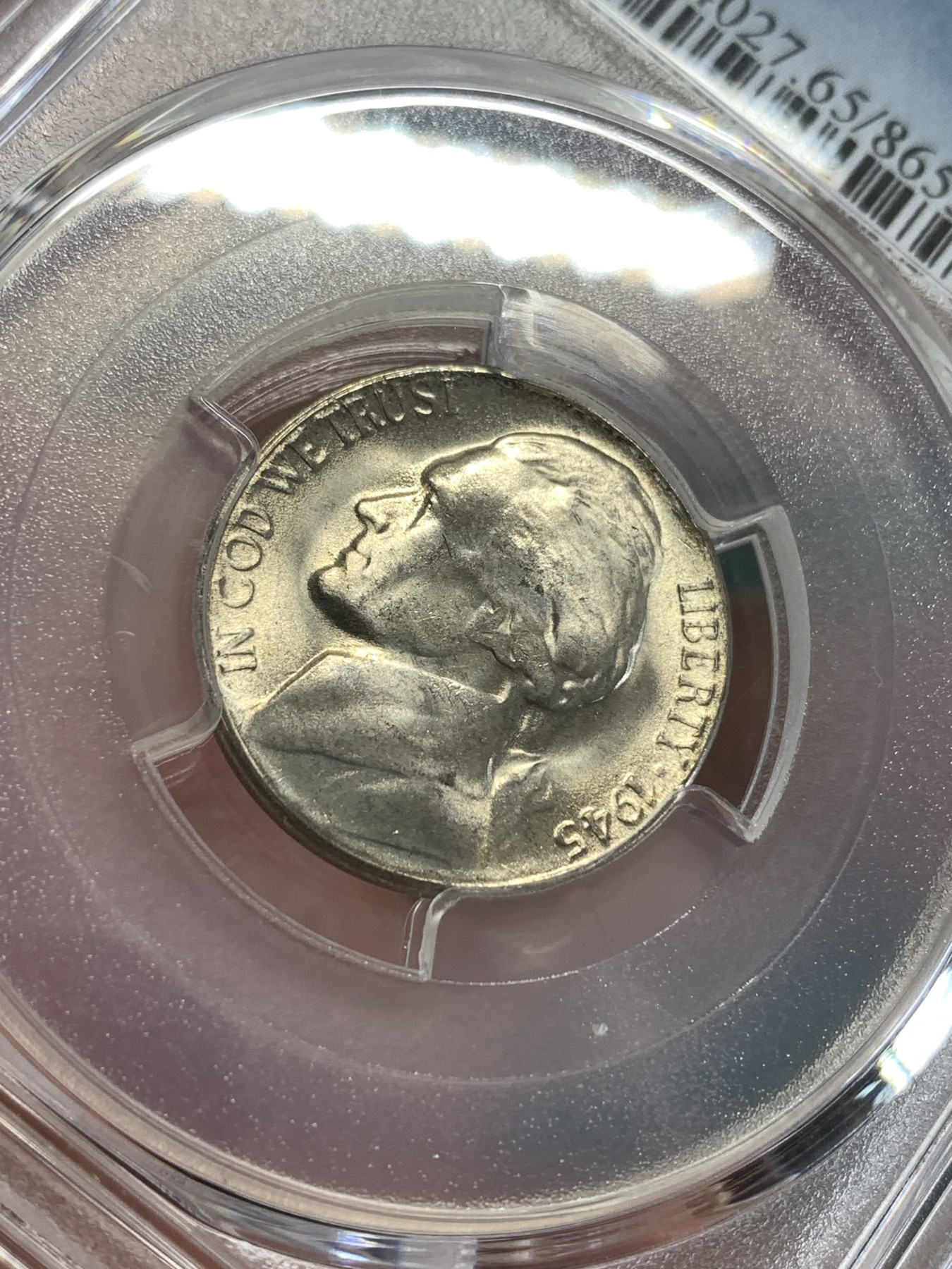 《竞宝斋》第190场-周日，周一 2场 (全场包邮) PCGS-MS65 美国 杰弗逊 1945年 战时5美分 低银版（仅1942-1945年含银，其余皆为镍币）