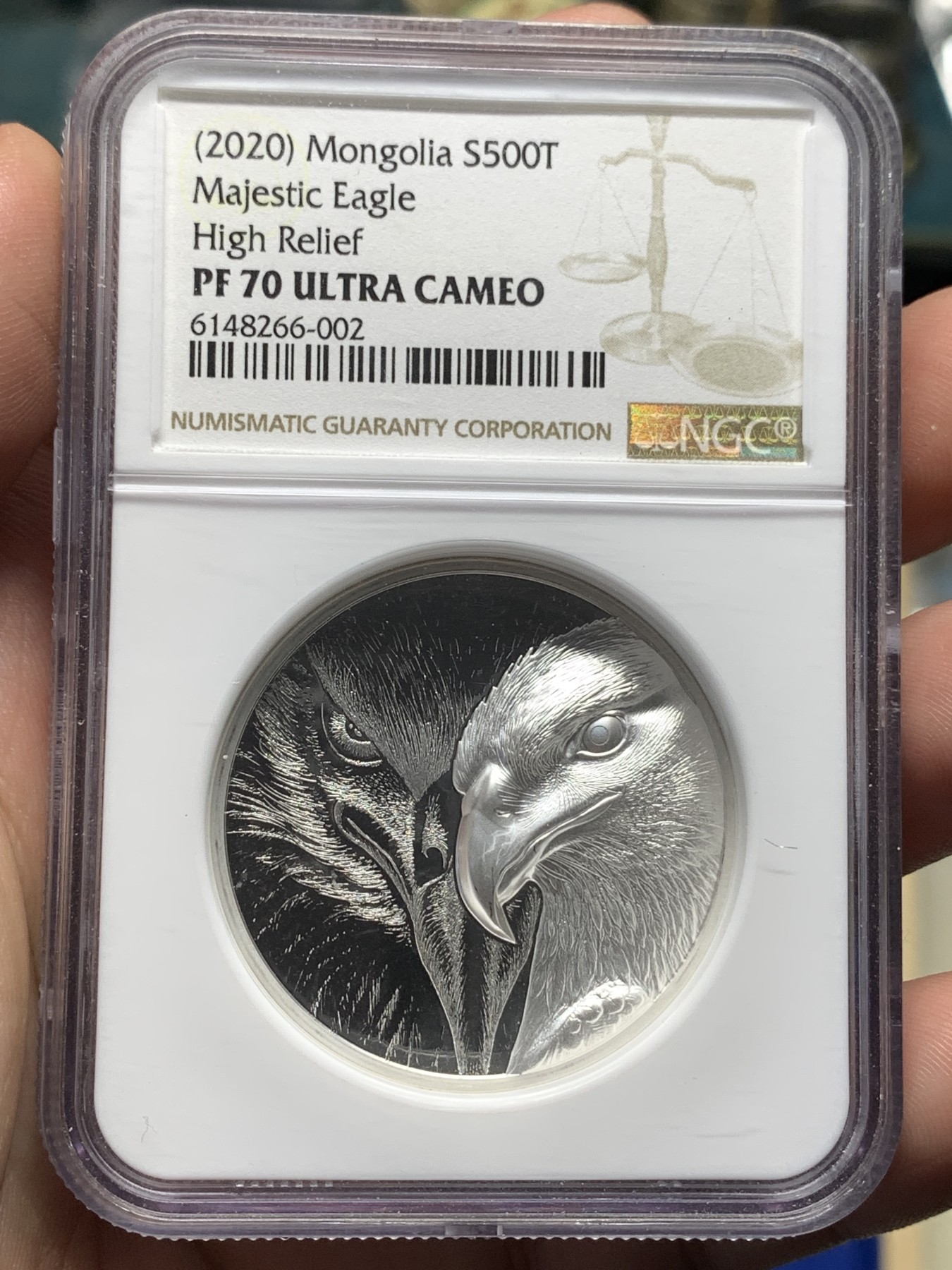 《竞宝斋》第190场-周日，周一 2场 (全场包邮) NGC PF70分 满分 蒙古2020双面高浮雕雄鹰1盎司 克劳斯世界硬币大奖最佳创意币提名