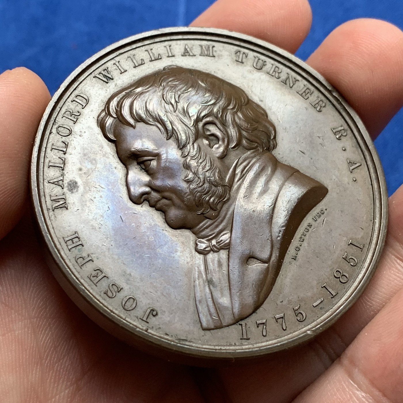 《竞宝斋》第190场-周日，周一 2场 (全场包邮) 伦敦艺术联盟 1876年铜章作品23号，主题：特纳（Turner）55mm，作者：L.C.Wyon 90克 大规格