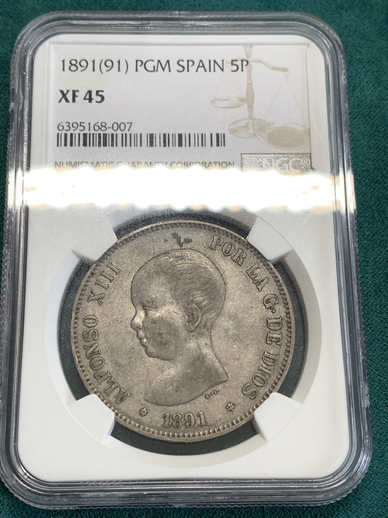 《竞宝斋》第190场-周日，周一 2场 (全场包邮) NGC XF45  西班牙双柱小光头阿方索十二世银币 细节好 包浆也好