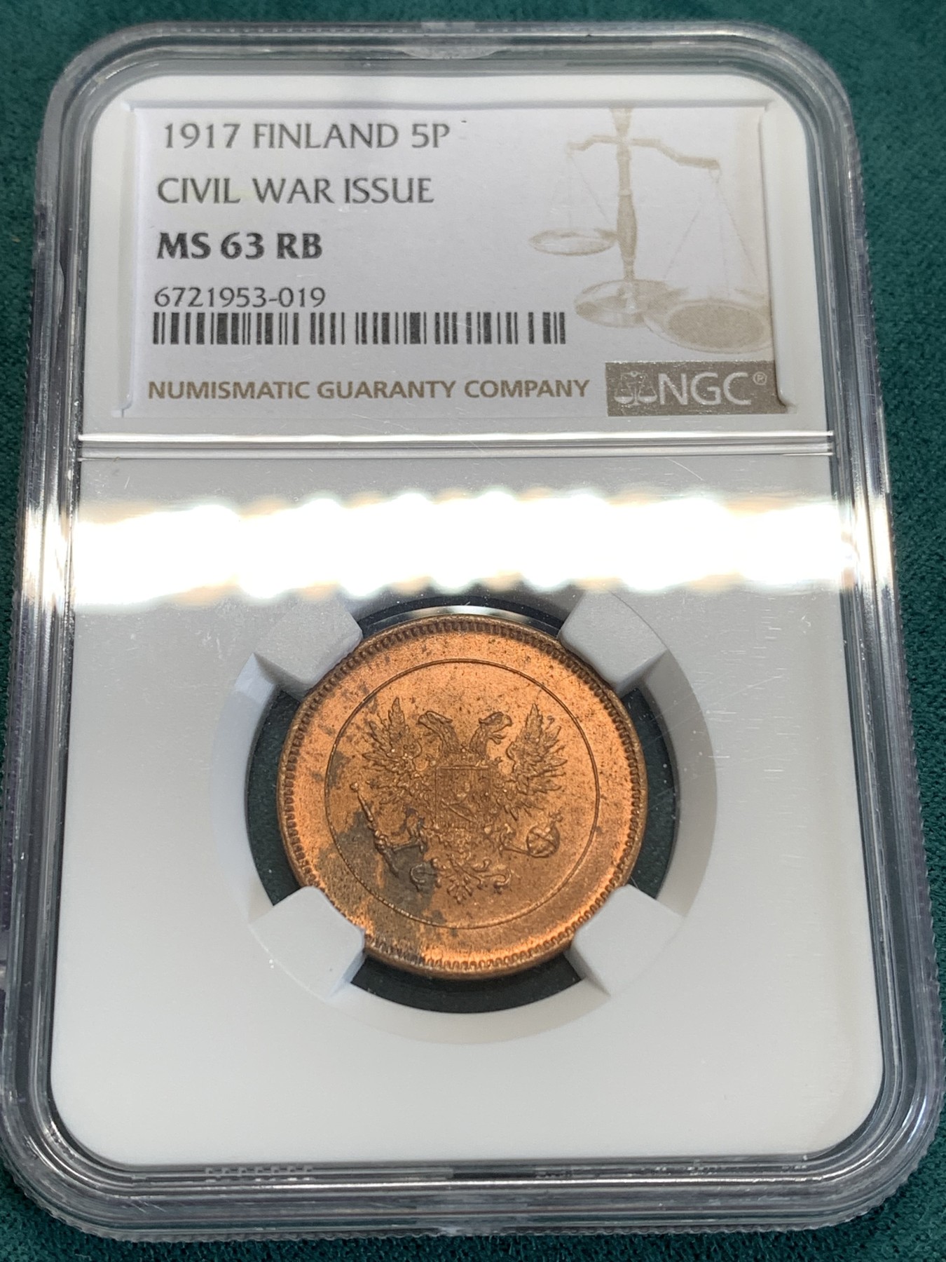 《竞宝斋》第190场-周日，周一 2场 (全场包邮) NGC MS63RB 俄占芬兰1917年克伦斯基临时政府5盆尼铜币