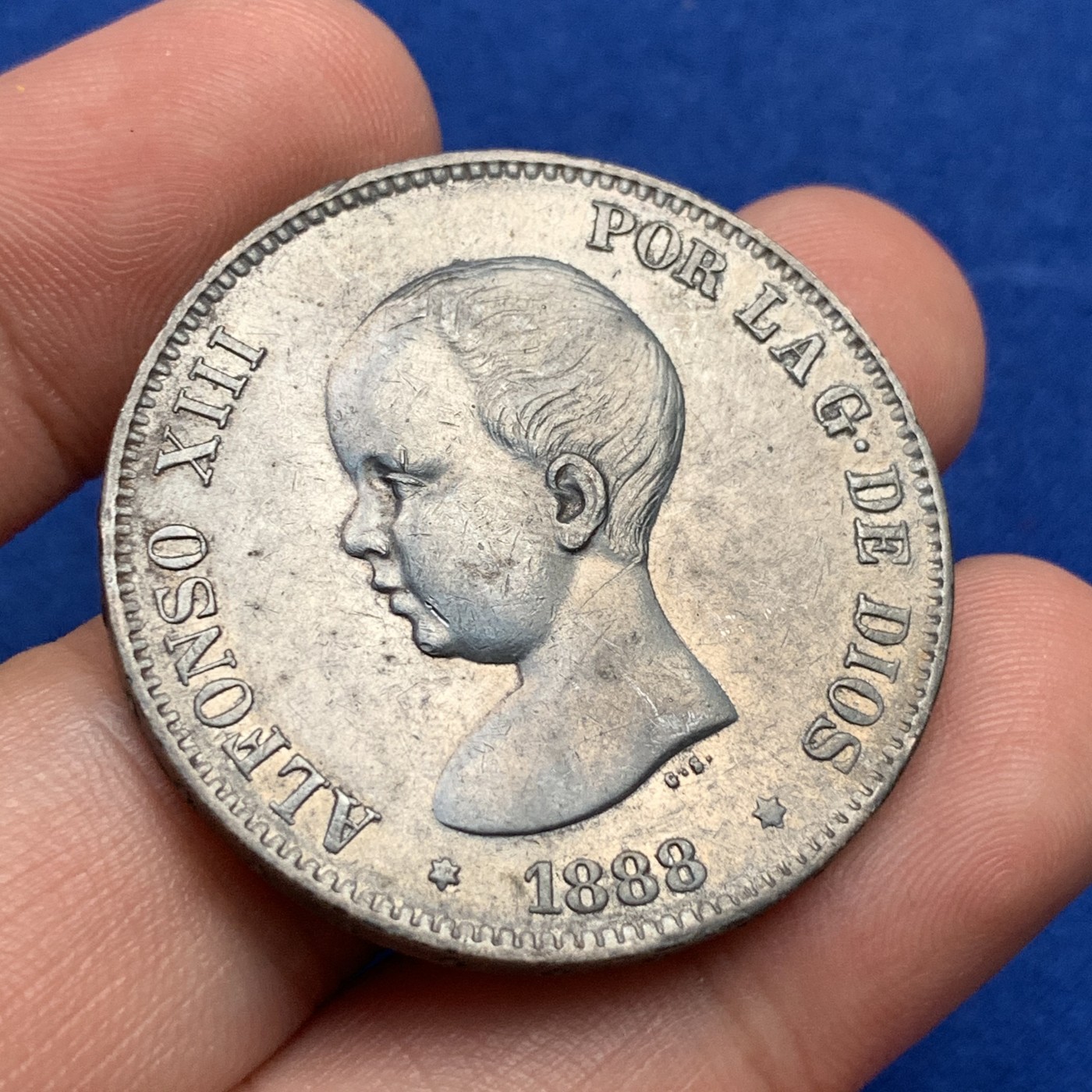 《竞宝斋》第190场-周日，周一 2场 (全场包邮) 西班牙 1888年 发财年份  婴儿头5比塞塔银币 黑彩