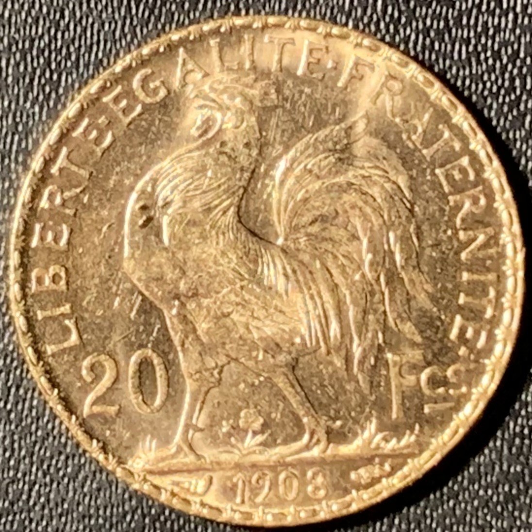 紫瑗钱币——第296期拍卖 法国 1908年 玛丽安娜 20法郎 6.45克 0.9金 UNC