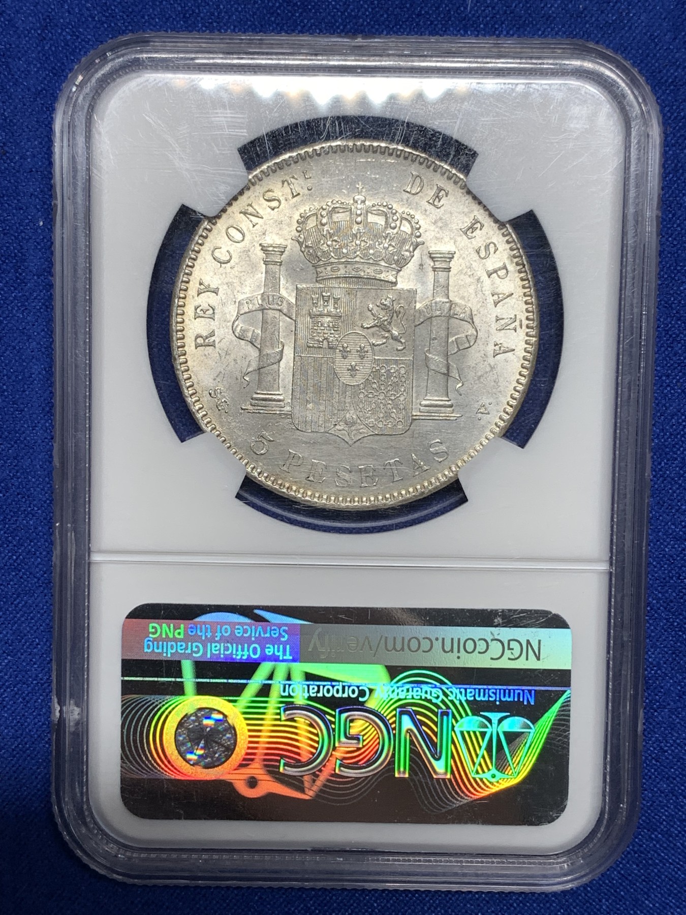 《竞宝斋》第190场-周日，周一 2场 (全场包邮) NGC-MS62 西班牙 双柱 1898 SGV 阿方索十三世 5比塞塔银币