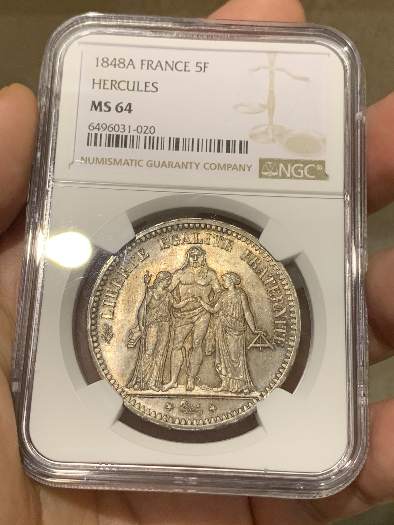 《竞宝斋》第190场-周日，周一 2场 (全场包邮) NGC-MS64 法国 1848A 5法郎 大力神银币 转光+淡紫色包浆 好状态