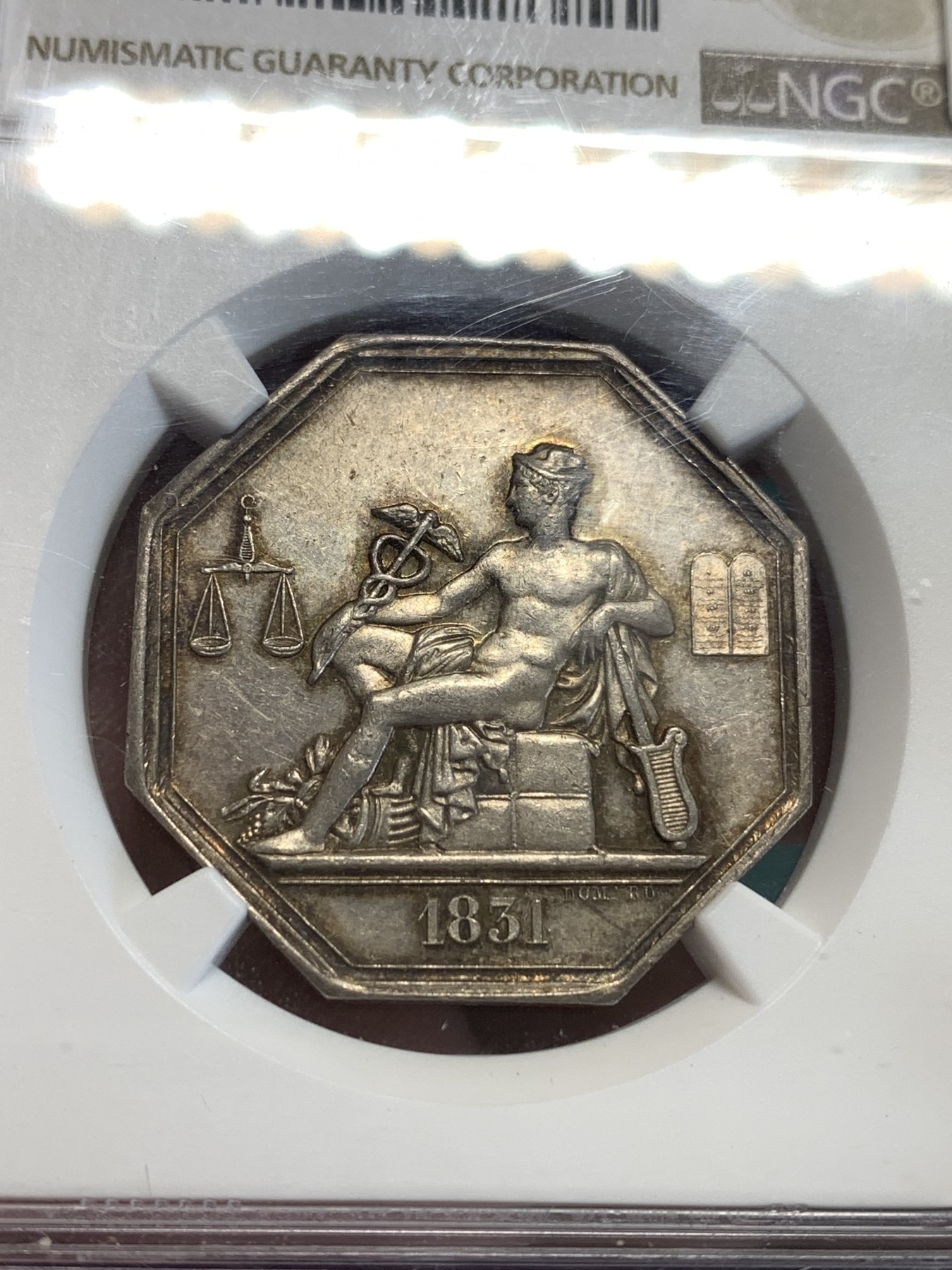 《竞宝斋》第190场-周日，周一 2场 (全场包邮) NGC MS61 法国1831商业男神墨丘利八角银质代用币 难得MS好品好状态