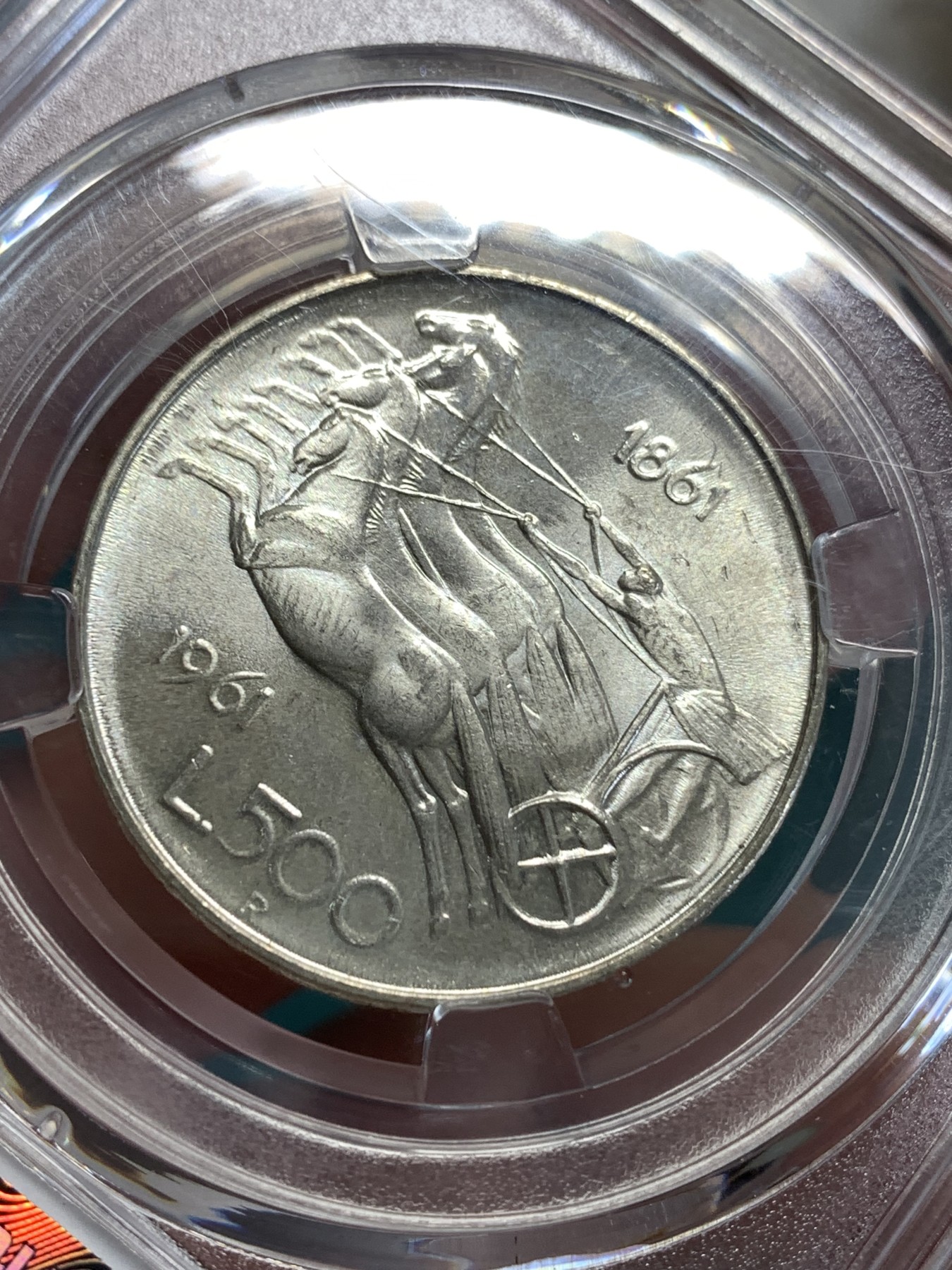 《竞宝斋》第190场-周日，周一 2场 (全场包邮) 保粹MS65 意大利1961年500里拉银币 意大利统一百年纪念