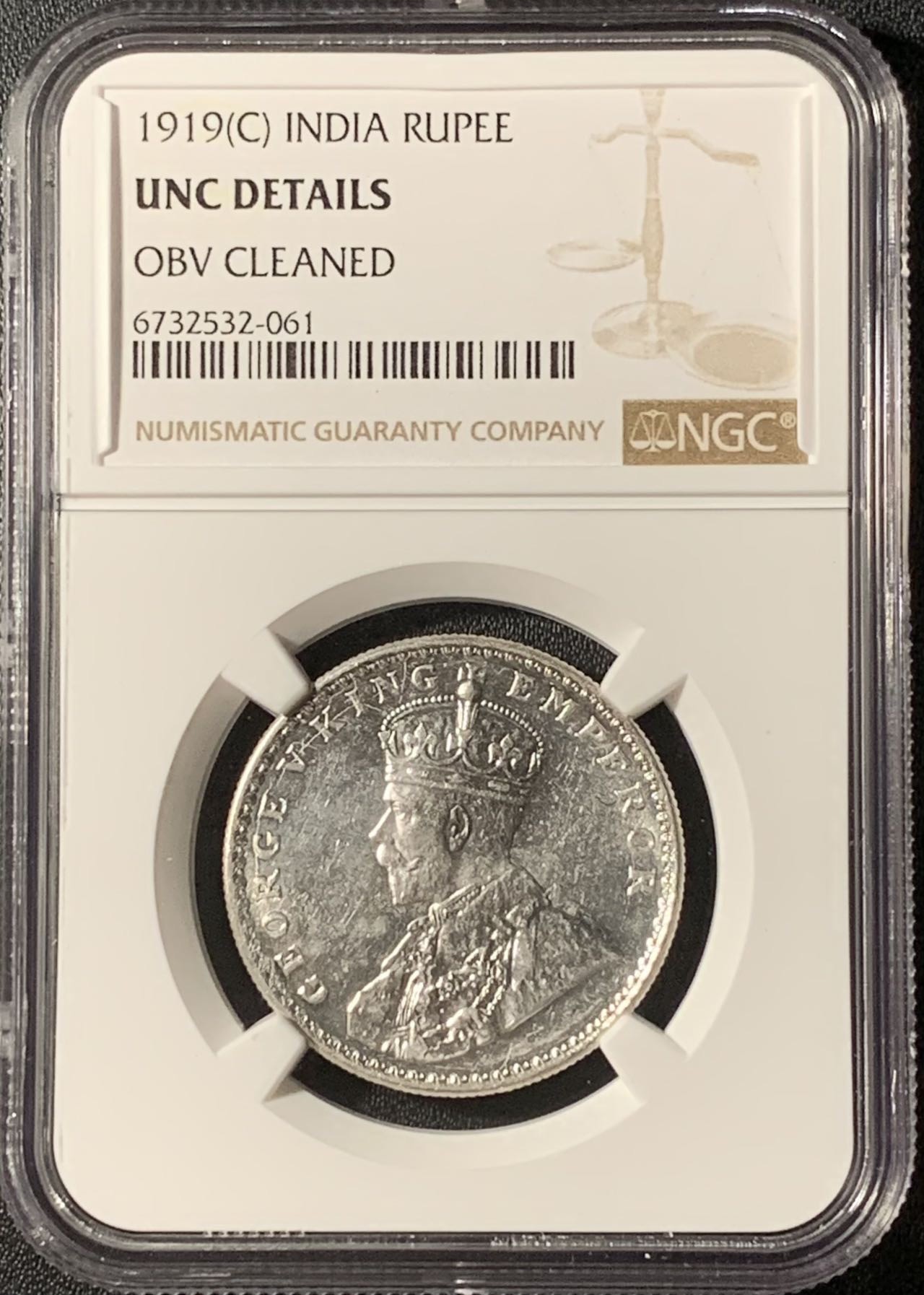 紫瑗钱币——第296期拍卖 英属印度 1919年 C版 乔治五世 1卢比 银币 NGC UNC Detail 
