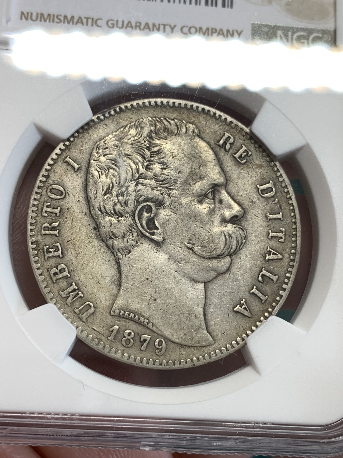 《竞宝斋》第190场-周日，周一 2场 (全场包邮) NGC-XF45 意大利1879翁贝托一世5里拉银币，状态好