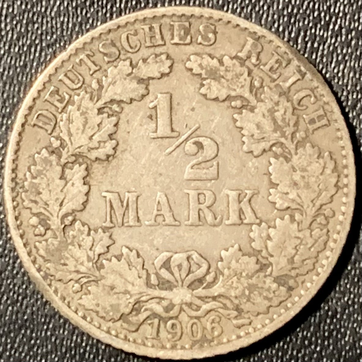 紫瑗钱币——第317期拍卖 德国 1906年 D版 第二帝国 1/2马克 2.77克 0.9银