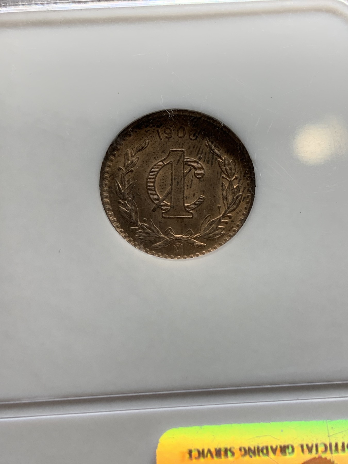 《竞宝斋》第190场-周日，周一 2场 (全场包邮) NGC MS65RB 墨西哥1906年1分铜鹰洋 超级老盒高分 铜光底板都十分漂亮