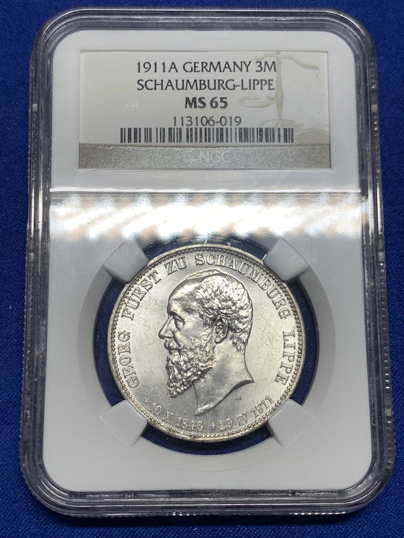 《竞宝斋》第190场-周日，周一 2场 (全场包邮) NGC MS65 德国1911年绍姆堡利普纪念3马克银币 难得高分