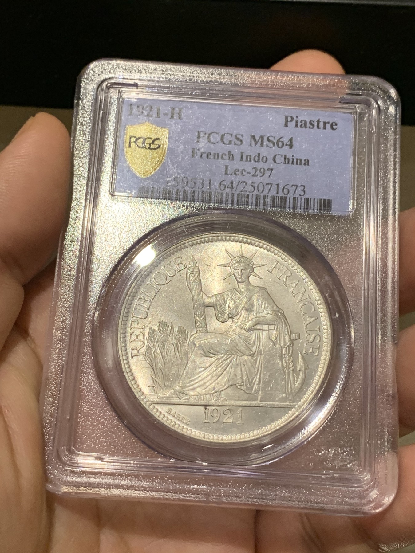 《竞宝斋》第190场-周日，周一 2场 (全场包邮) PCGS MS64 法属印支 1921年H版坐洋银币 亚军分！状态无敌