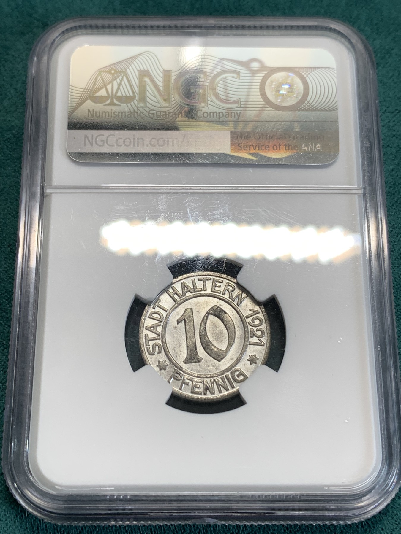 《竞宝斋》第190场-周日，周一 2场 (全场包邮) NGC-MS63   德国1921德紧哈尔腾 10芬妮 铁币  少见品种