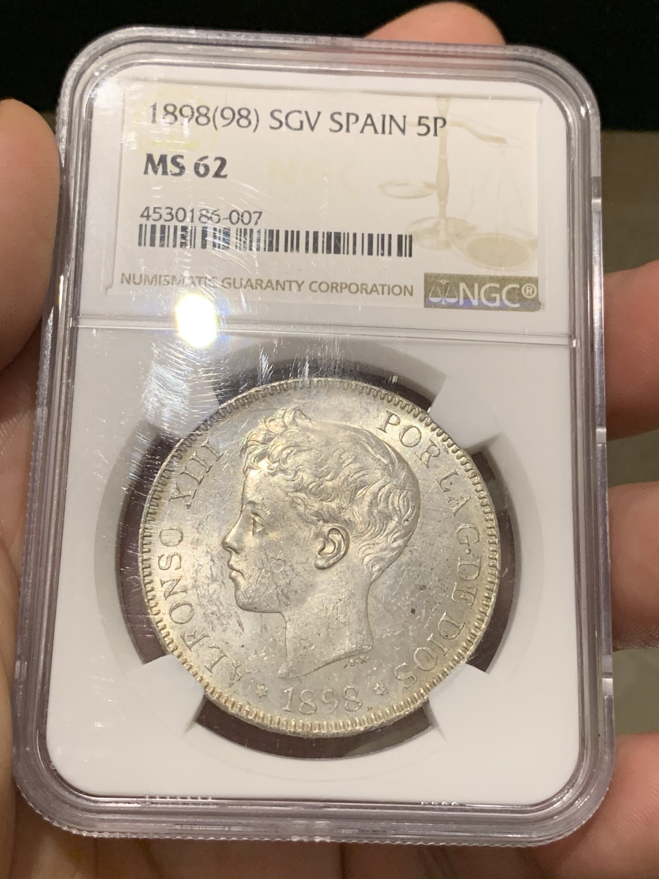 《竞宝斋》第190场-周日，周一 2场 (全场包邮) NGC-MS62 西班牙 双柱 1898 SGV 阿方索十三世 5比塞塔银币