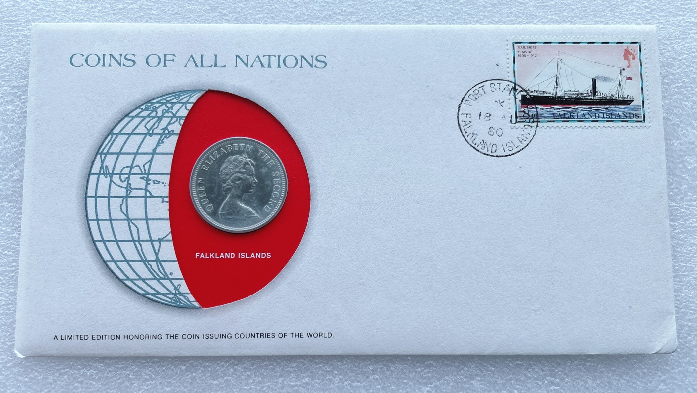 全场一元起拍 富兰克林世界钱币系列-邮币封 第16期 福克兰1980年10便士硬币 邮票纪念封
