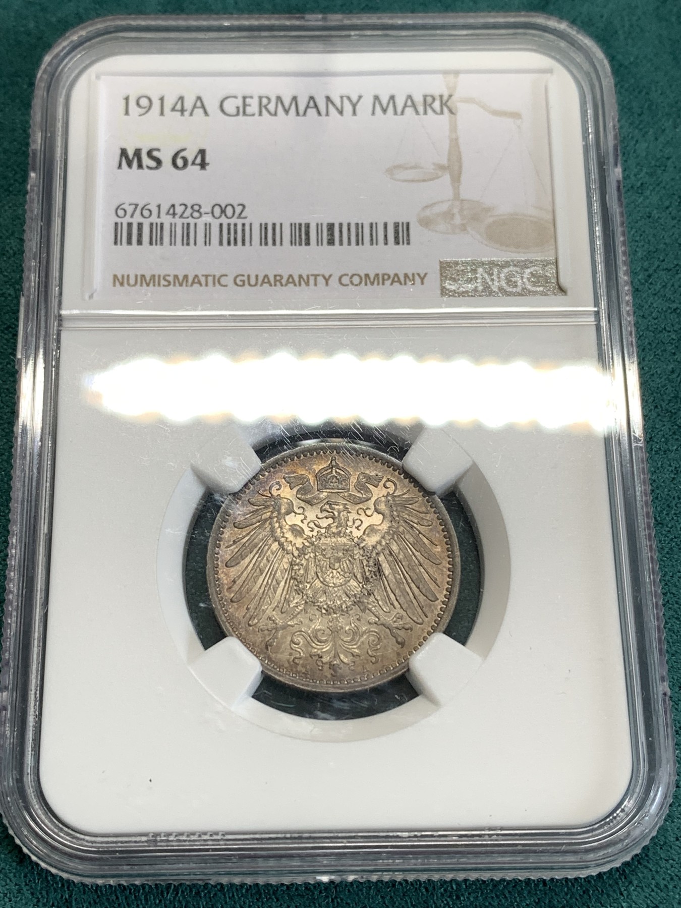 《竞宝斋》第190场-周日，周一 2场 (全场包邮) NGC-MS64 德国 1914年A版1马克银币 传世的欧美淡五彩包浆 分数到位