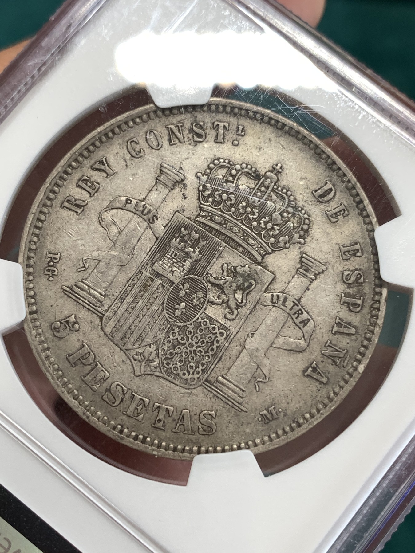 《竞宝斋》第190场-周日，周一 2场 (全场包邮) NGC XF45  西班牙双柱小光头阿方索十二世银币 细节好 包浆也好