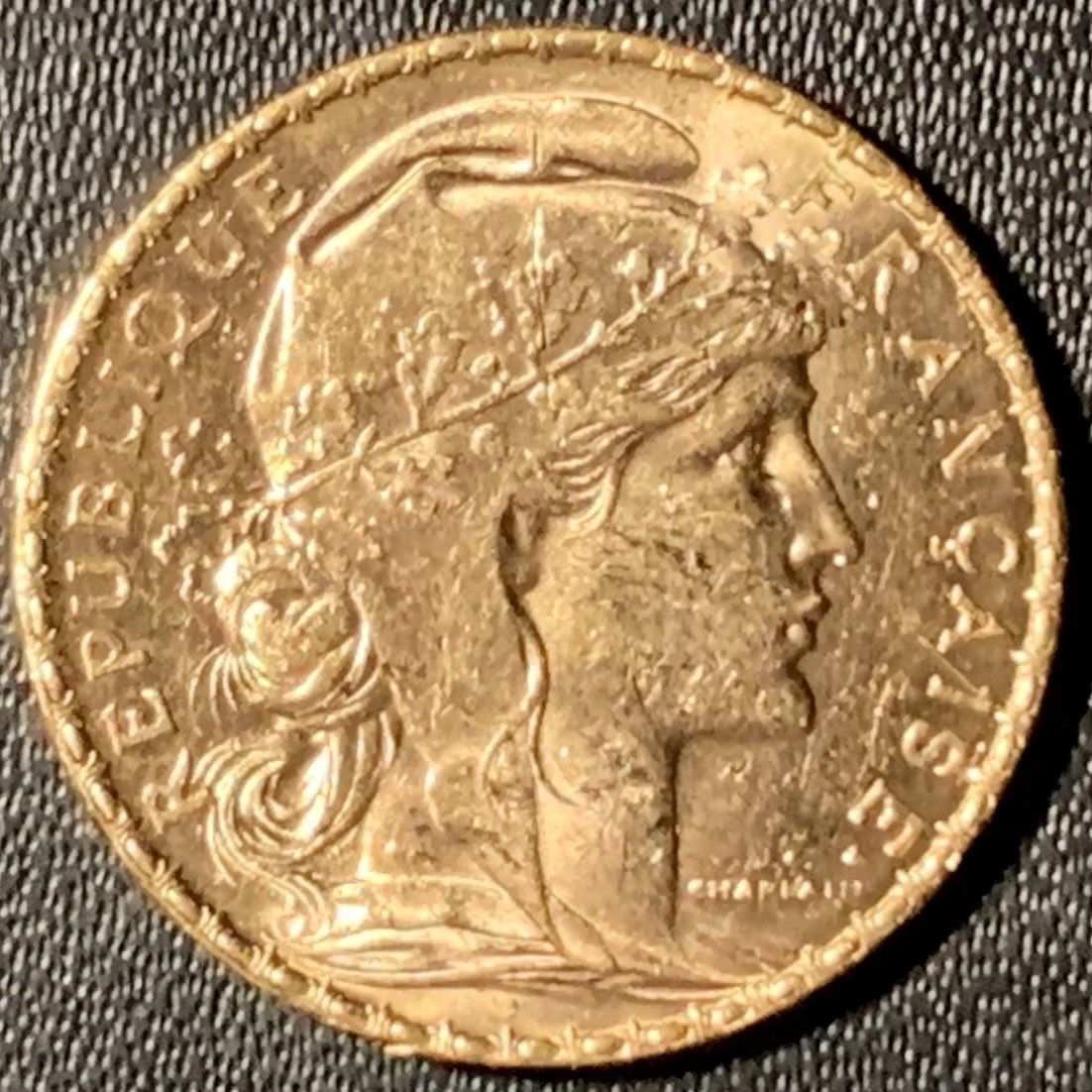 紫瑗钱币——第296期拍卖 法国 1908年 玛丽安娜 20法郎 6.45克 0.9金 UNC