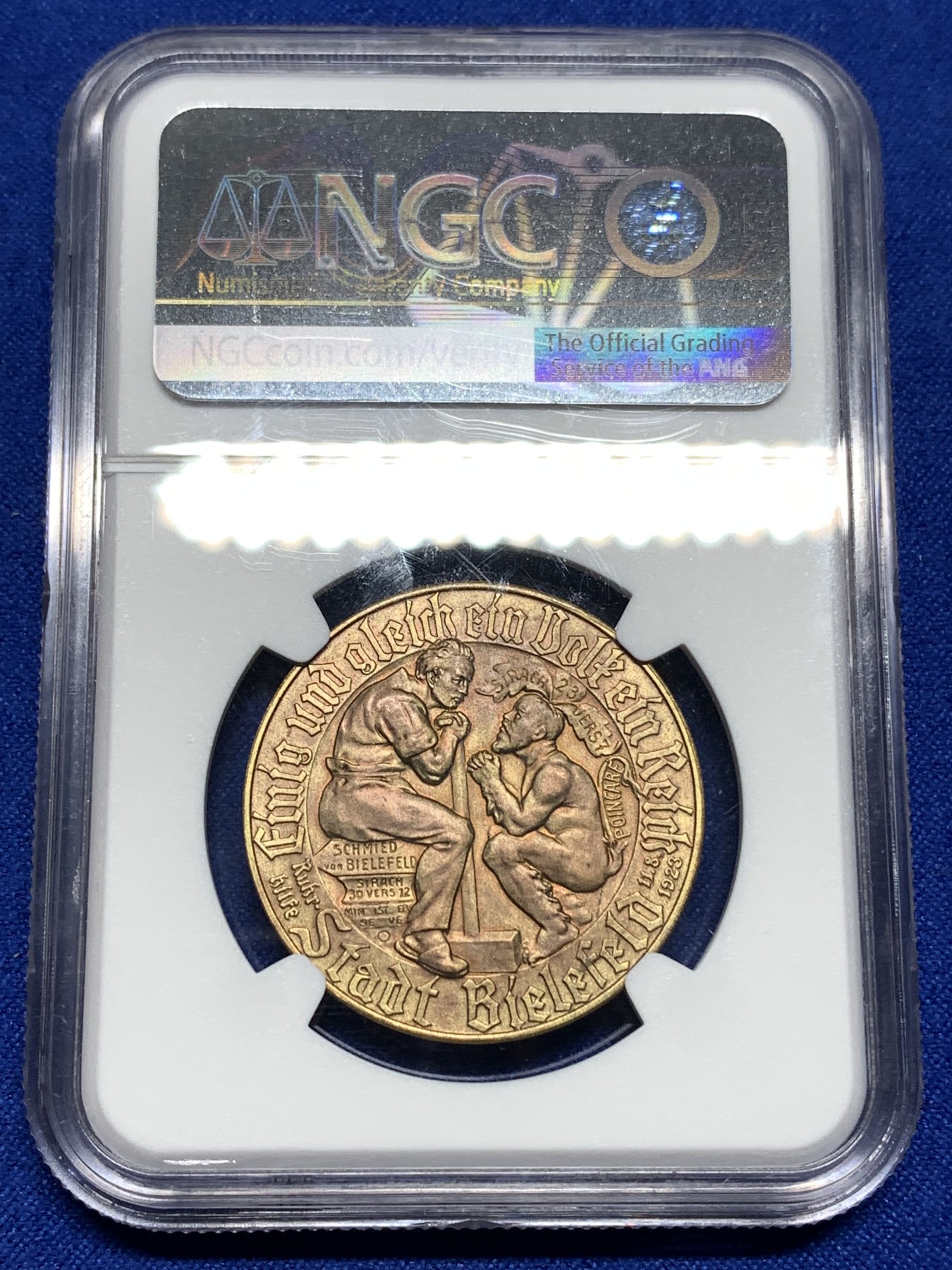 《竞宝斋》第190场-周日，周一 2场 (全场包邮) NGC-MS63   德国1923德紧彼勒菲尔德 1金马克  镀金铜币