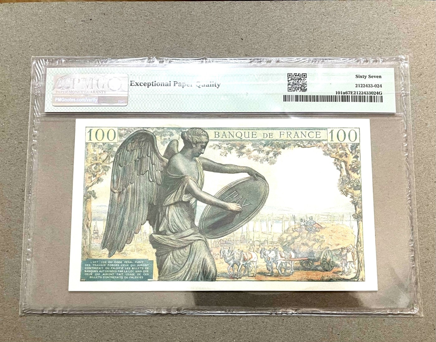 【Blue Auction】✨世界纸币精拍第360期【精】——Irish Free State 【亚军分】法国 1944年100法郎 经典笛卡尔 PMG67EPQ 高分少见 