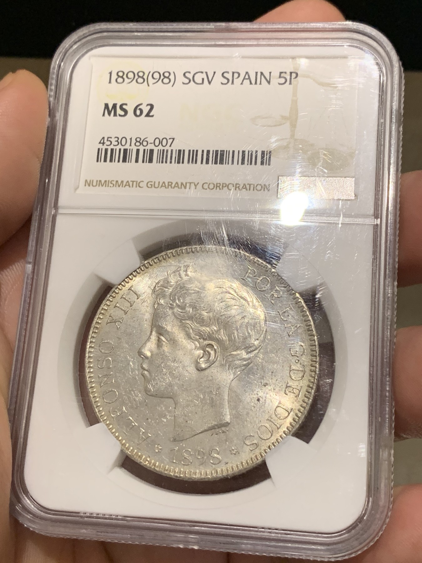 《竞宝斋》第190场-周日，周一 2场 (全场包邮) NGC-MS62 西班牙 双柱 1898 SGV 阿方索十三世 5比塞塔银币