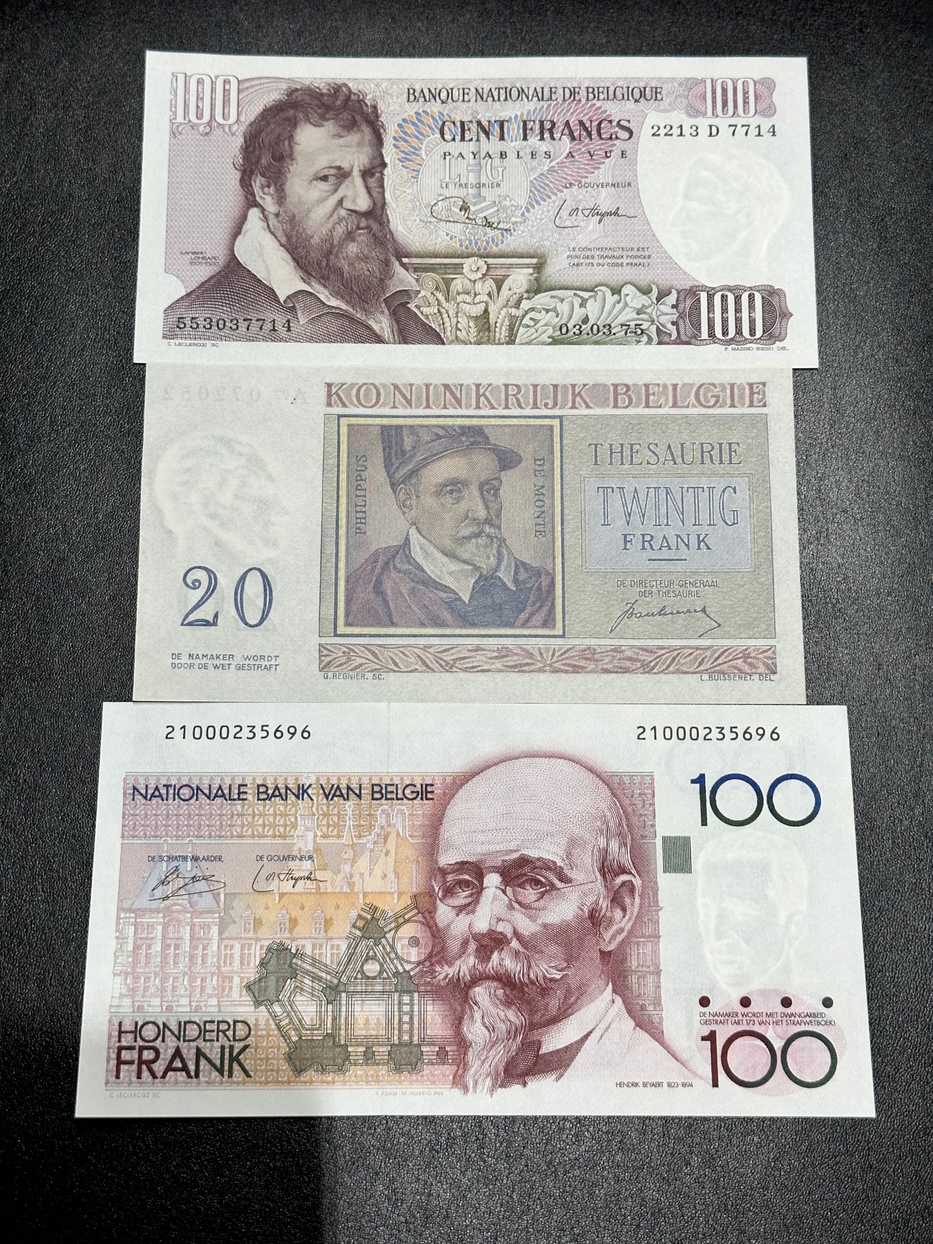 《外钞收藏家》第二百九十一期（荷兰比利时卢森堡欧元专场）（连拍第二场） 比利时早期小额法郎3张 全新 100面额有个潮点