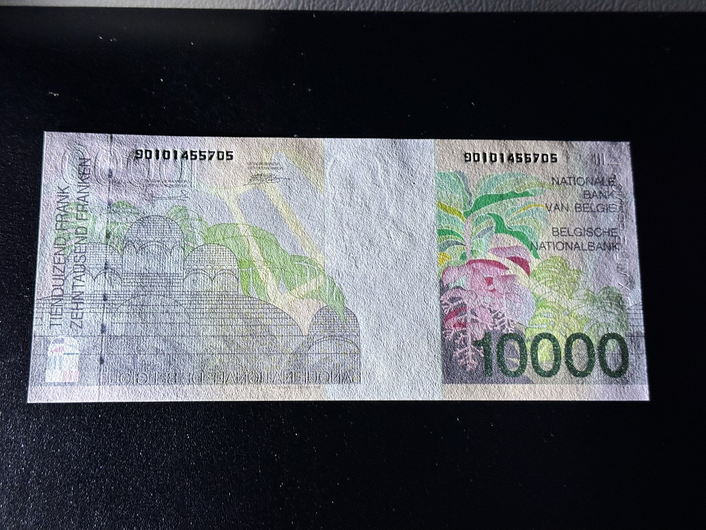 《外钞收藏家》第二百九十一期（荷兰比利时卢森堡欧元专场）（连拍第二场） 比利时末版10000法郎 全新 非常精美的温室花园荧光图