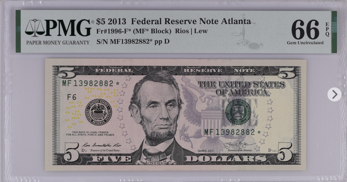 PMG、ACG美元评级专场，无佣金！！！ 5美元绿库印联邦券Federal Reserve Note Atlanta, $5 2013 Small Size