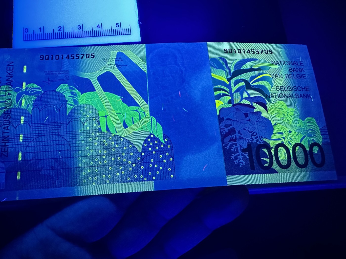 《外钞收藏家》第二百九十一期（荷兰比利时卢森堡欧元专场）（连拍第二场） 比利时末版10000法郎 全新 非常精美的温室花园荧光图