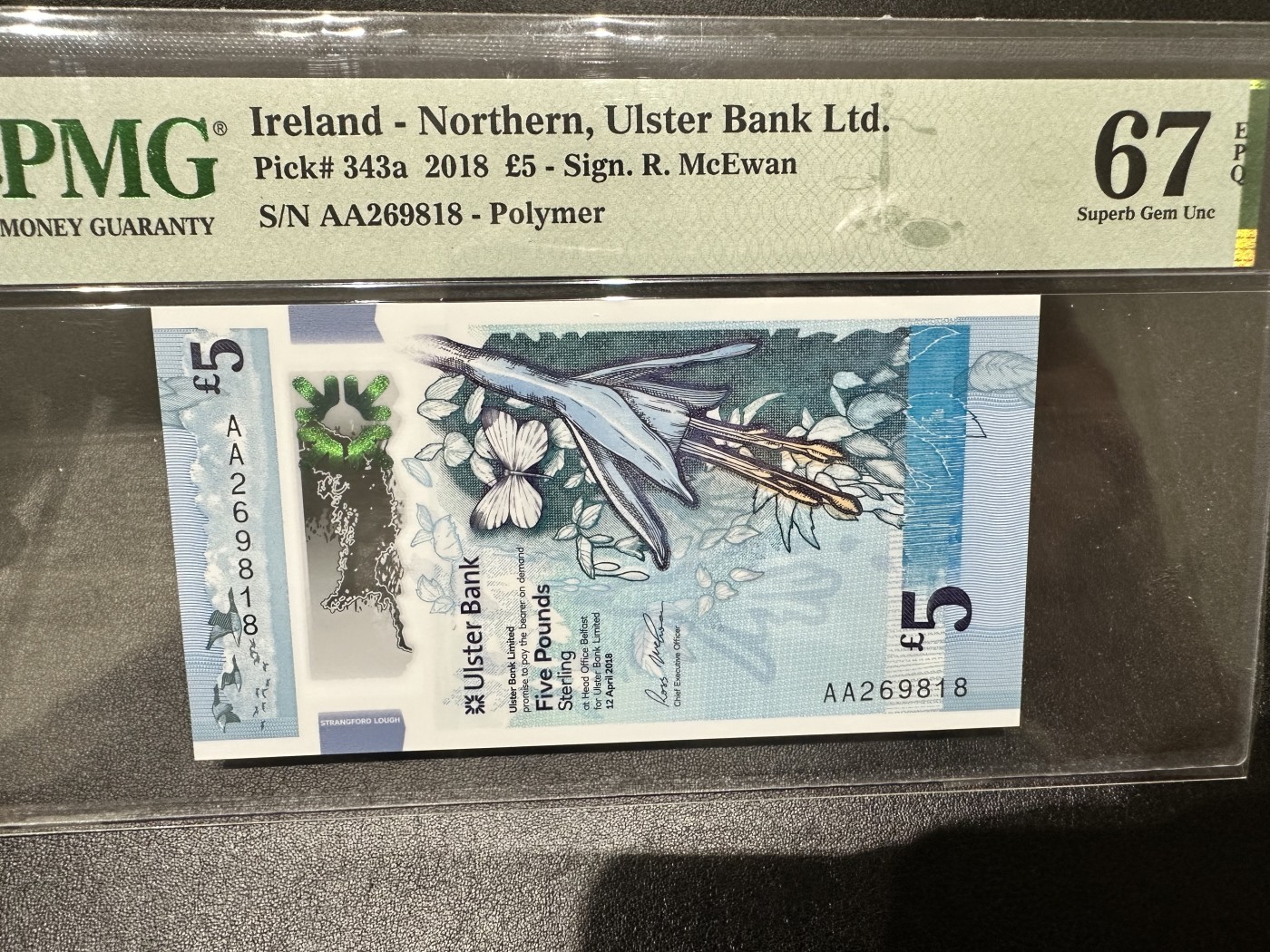 《外钞收藏家》第二百九十二期（连拍第三场） 2018年北爱尔兰5镑 首发冠 AA冠 PMG67 无47尾8