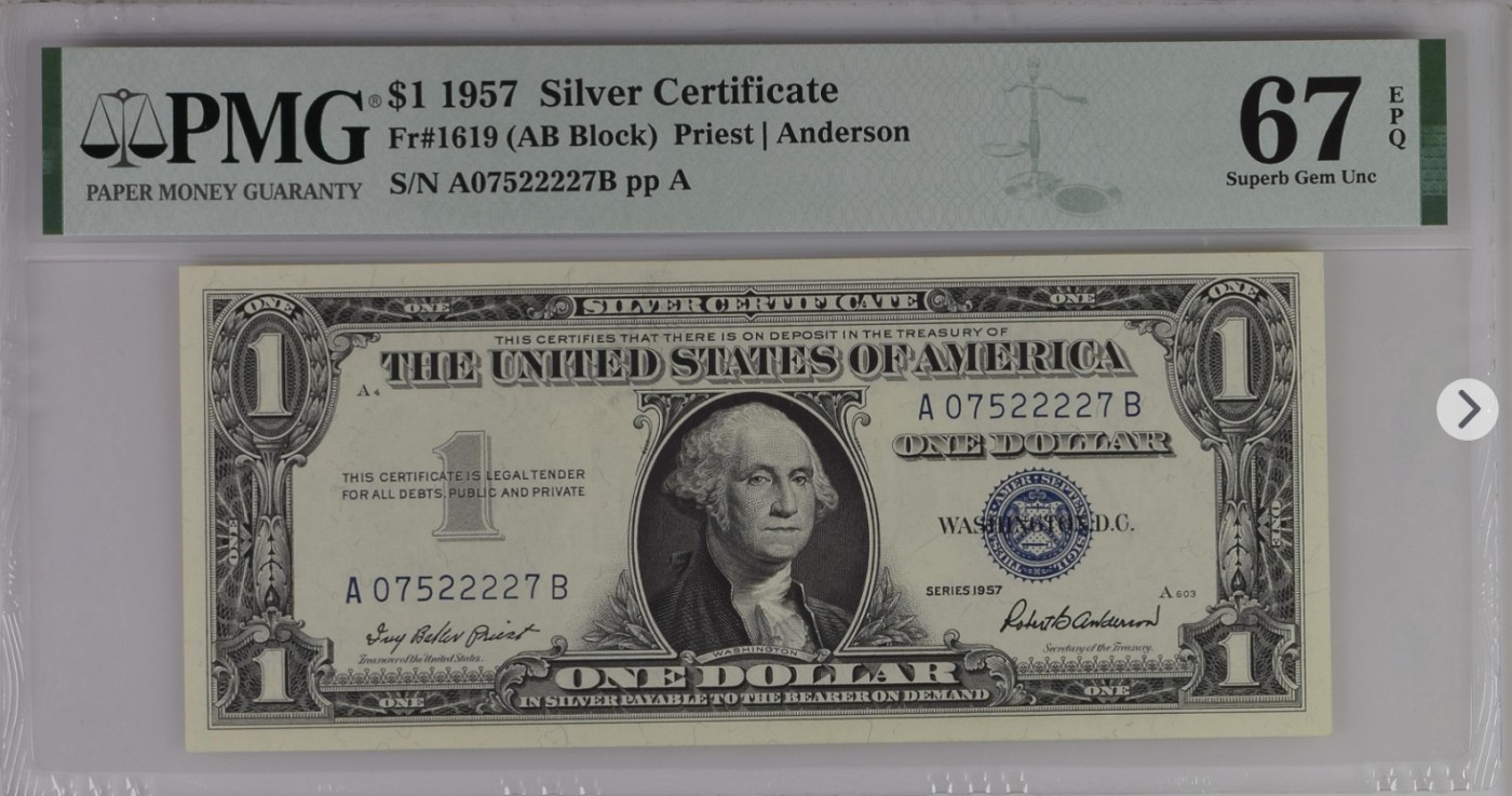 PMG、ACG美元评级专场，无佣金！！！ 1美元蓝库印银圆券Silver Certificate, $1 1957 Small Size