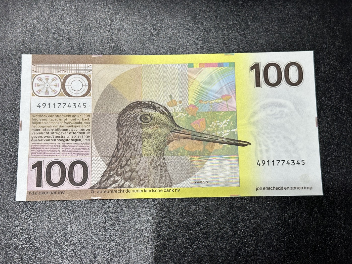 《外钞收藏家》第二百九十一期（荷兰比利时卢森堡欧元专场）（连拍第二场） 荷兰1977年100盾，水鸟 全新UNC