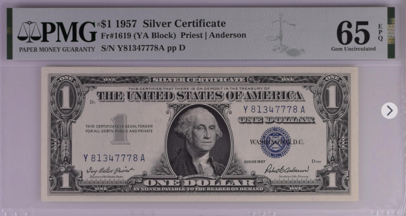 PMG、ACG美元评级专场，无佣金！！！ 1美元蓝库印银圆券Silver Certificate, $1 1957 Small Size