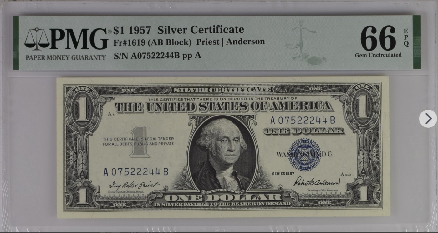PMG、ACG美元评级专场，无佣金！！！ 1美元蓝库印银圆券Silver Certificate, $1 1957 Small Size