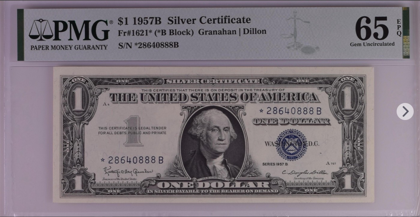 PMG、ACG美元评级专场，无佣金！！！ 1美元蓝库印银圆券Silver Certificate, $1 1957B Small Size