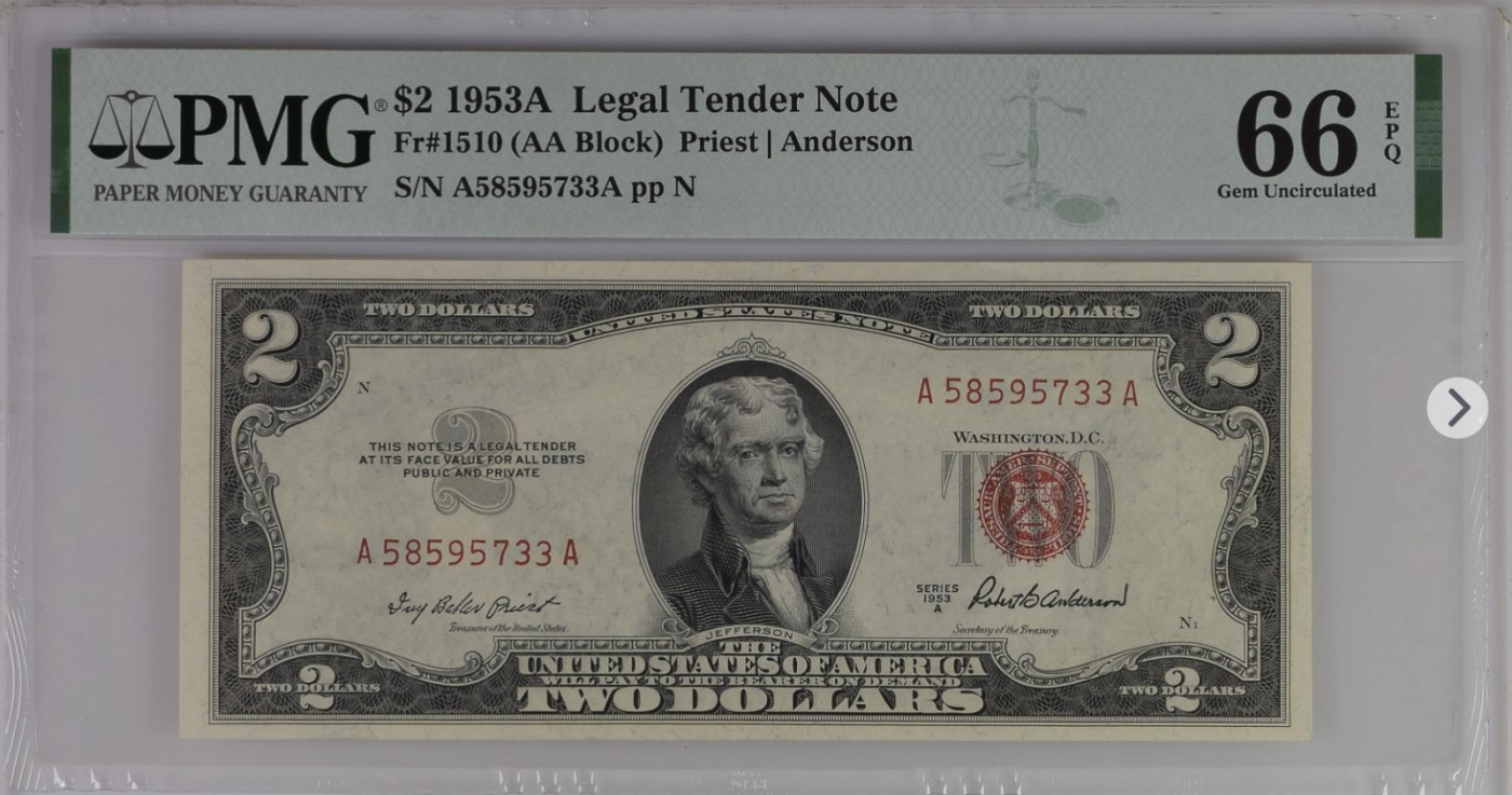 PMG、ACG美元评级专场，无佣金！！！ 2美元红库印战争券Legal Tender Note, $2 1953A Small Size