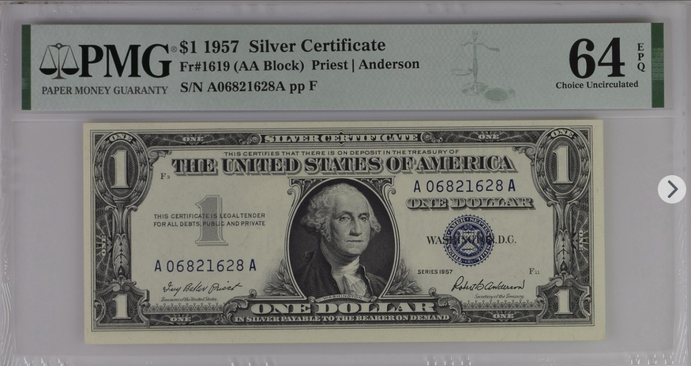 PMG、ACG美元评级专场，无佣金！！！ 1美元蓝库印银圆券AA首发冠A06821628ASilver Certificate, $1 1957 Small Size