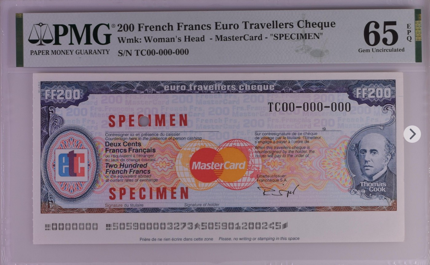 PMG、ACG美元评级专场，无佣金！！！ 美国运通旅行支票票样200 French Francs Euro Travellers Cheque Wmk: Woman's Head
