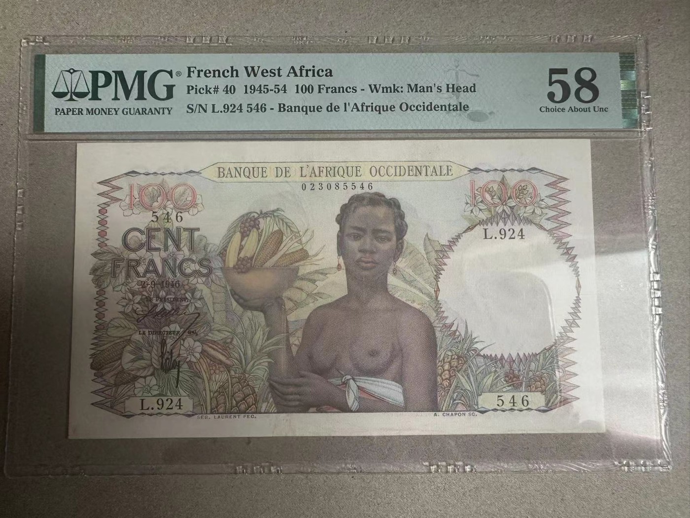 【Blue Auction】✨世界纸币精拍第360期【精】——Irish Free State 法属西非 1945-54年 100法郎 PMG58 裸女